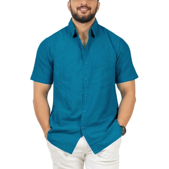LA LEELA Men's Casual Button Down Short Sleeve Business Untucked Shirt Solid Oxford Shirts for Men S Plain, Turquoise