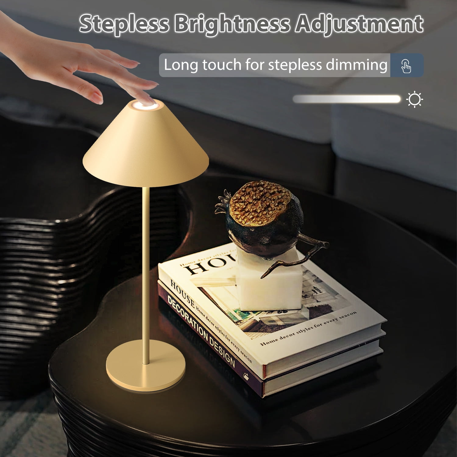 LED Cordless Dimmable Table Lamp, Long Lasting 4000mAh Rechargeable Battery Operated, 240LM, GOLD