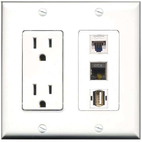 RiteAV - 15 Amp Power Outlet 1 Port USB A-A 1 Port Shielded Cat6 Ethernet Ethernet 1 Port Cat5e Ethernet White Decorative Wall Plate