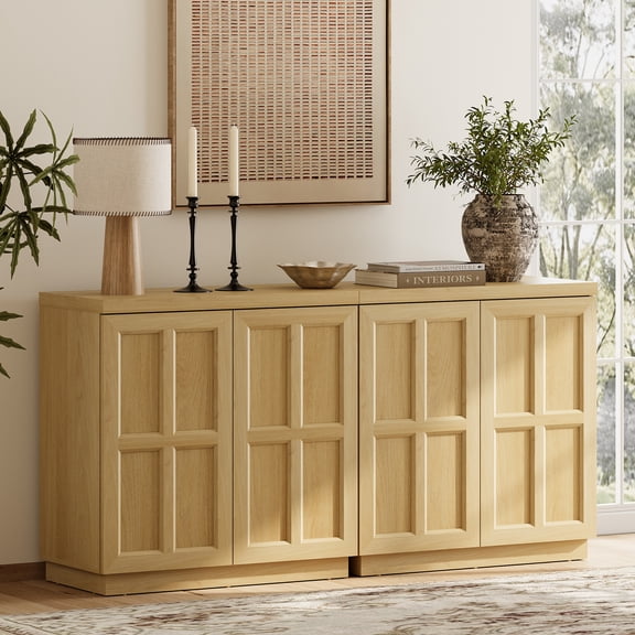 HOMOOI 2-in-1 Sideboard Buffet Cabinet with Cabinets and Adjustable Shelves,Boho 63" Heavy-Duty Wood Coffee Bar Cabinet,Modern Console Table for Kitchen, Dining Room, Living Room,Oak