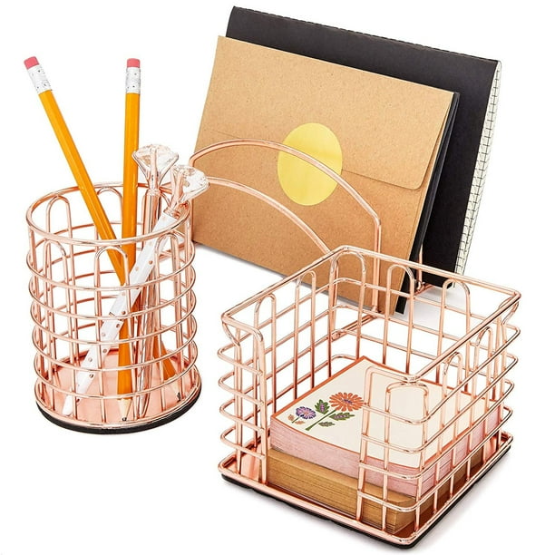3Pc Set Rose Gold Office Supplies Desk Organizer Sticky Note Pen