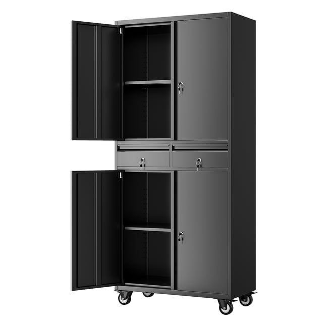 Armoire de Rangement en Métal Robuste de 73 Pouces avec Portes Verrouillables, 2 Tiroirs, Tablettes Réglables et Roues, Organisateur d'Outils en Acier de 200 Lb par Tablette pour Maison, Bureau, Garage, Atelier, Blanc/noir