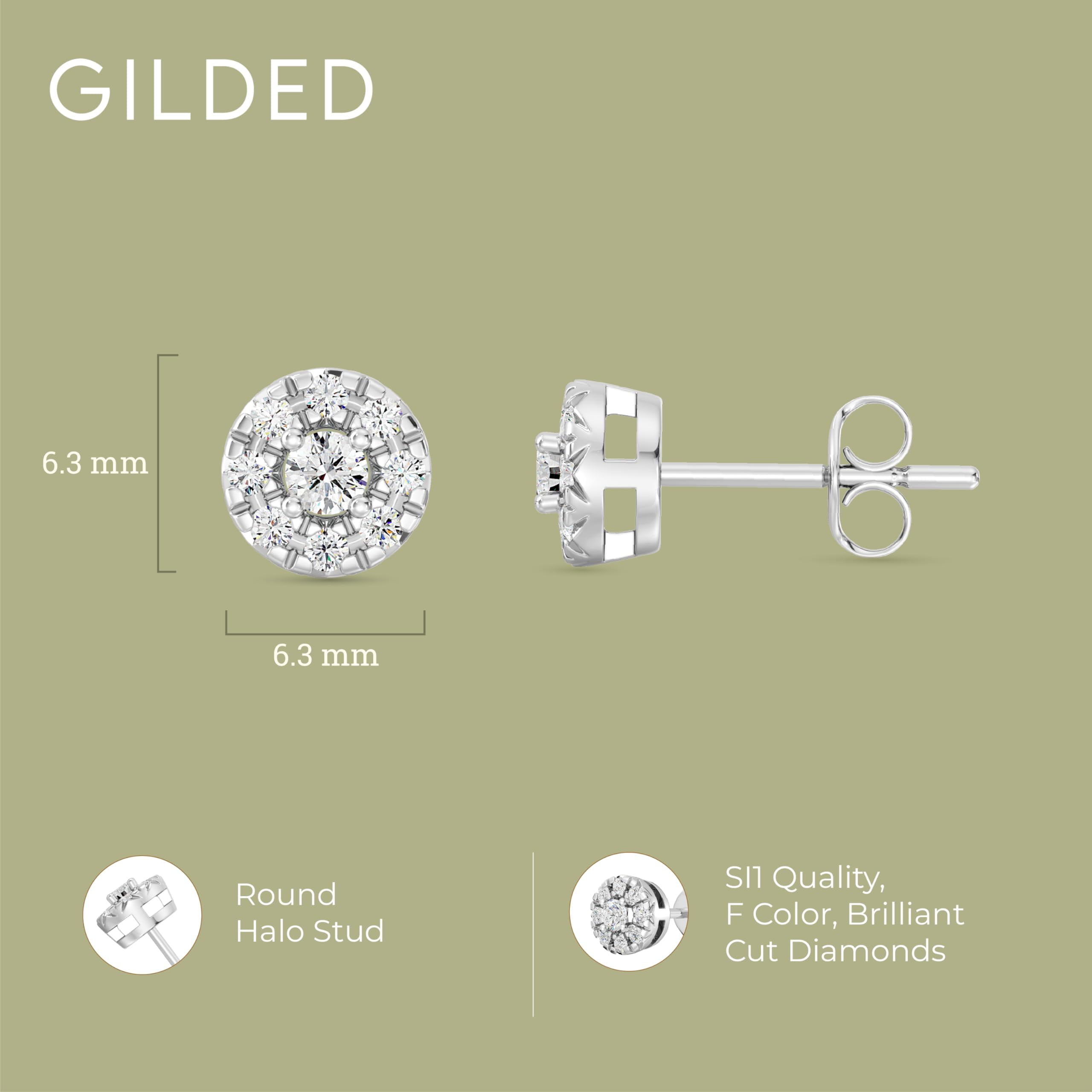 Gilded 1/4 Carat Total Weight Lab-Grown Diamond Stud Earrings for Women | 925 Sterling Silver | Round Halo Shaped | Hypoallergenic Fine Jewelry | Prong Setting, Push Back Nut | SI1 Clarity, F Color