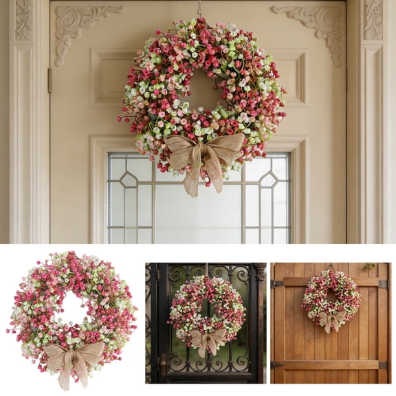 Pink Baby's Breath Wreath, Artificial Flower Door Hanging For Party