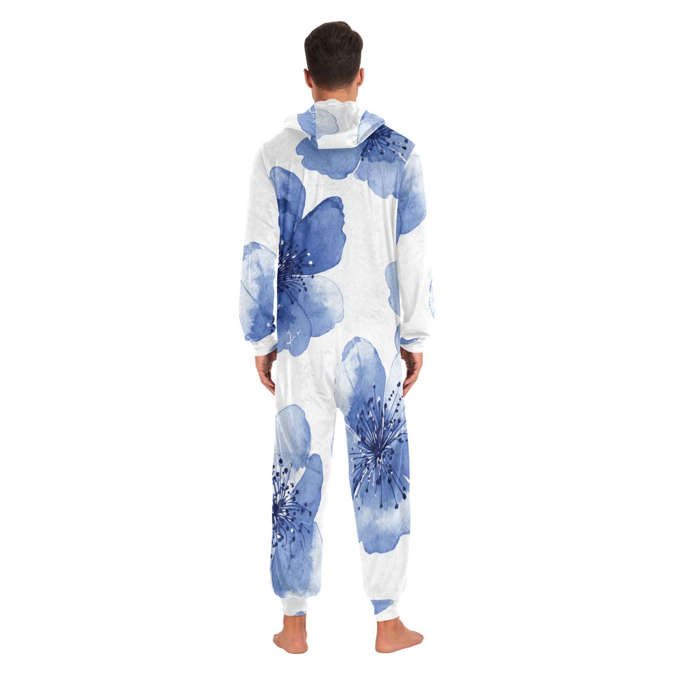 Watercolor Blue Flower Petals Adult's Hoodie Onesie Jumpsuit One-Piece Pajamas with Zipper Unisex for Holiday M