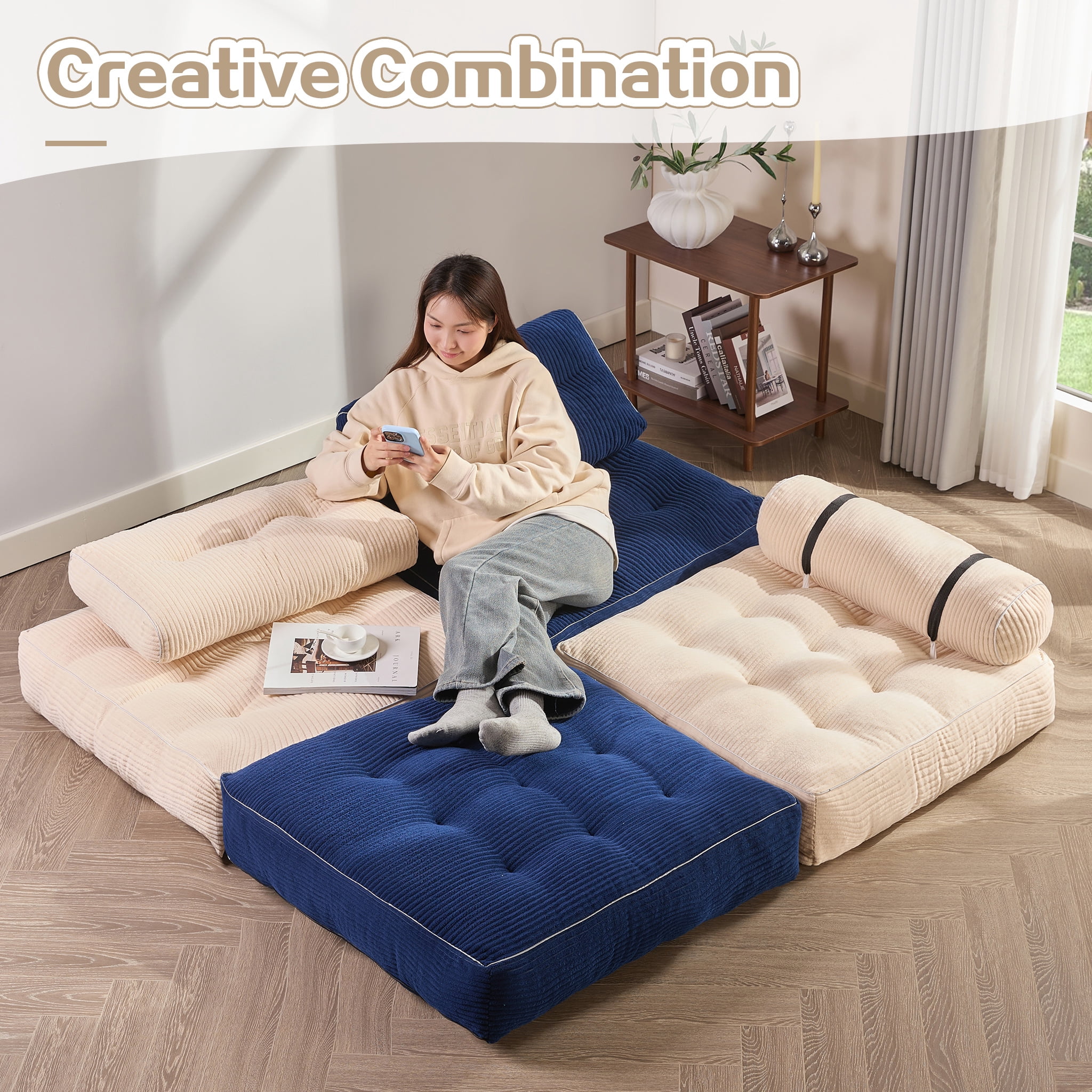 LAKPS Convertible Floor Sofa Bed, Corduroy Modular Lounge Chair with Backrest & Pillow, Folding Tatami Sofa Sleeper for Living Room, Bedroom, Dorm, White