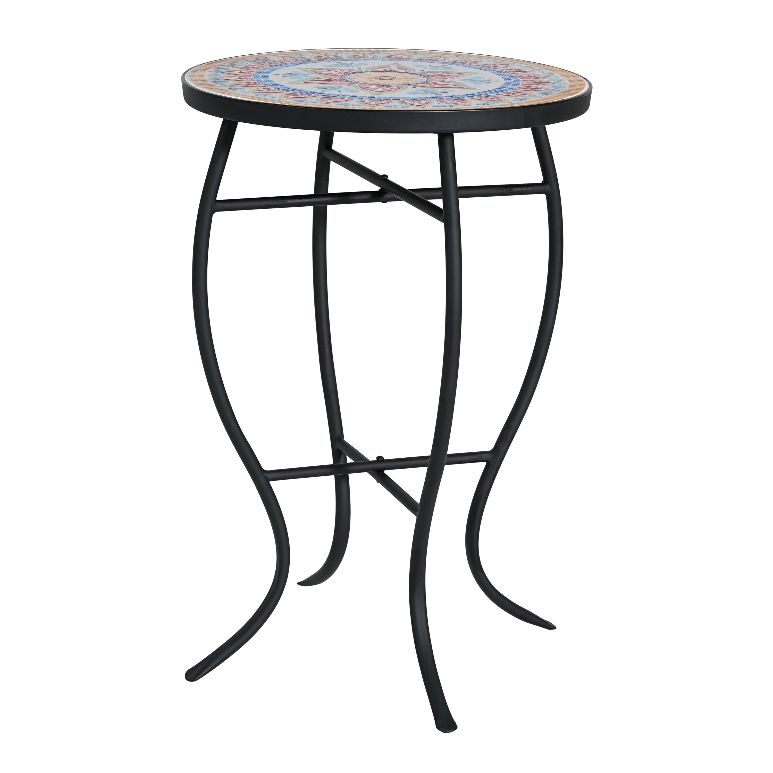 Outdoor Round Mosaic Top Iron Leg Side Table for Patio Garden, Red