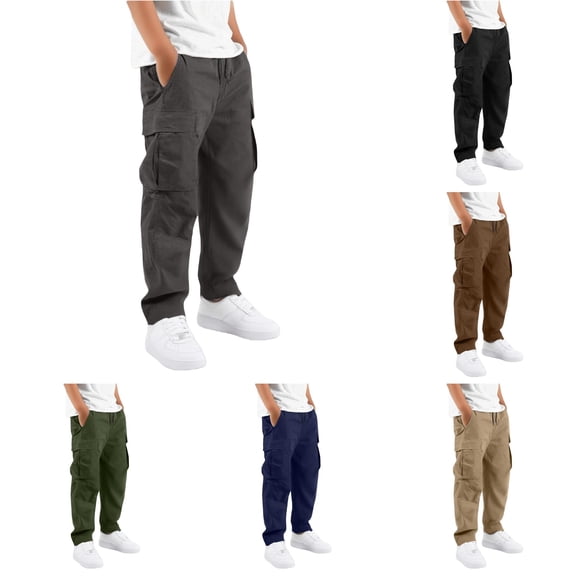 LIIPEE Boys Cargo Pants With Multiple Pockets Casual Solid Color Drawstring Waist Straight Leg Trousers Kids Outdoor Comfortable Breathable Daily Bottoms,11-12 Years