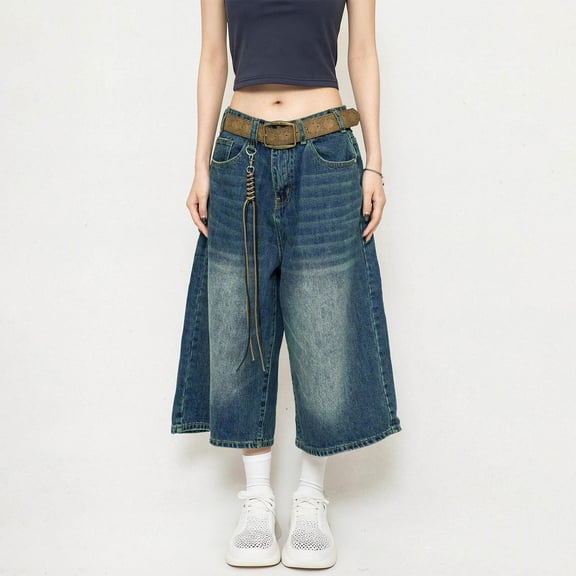 Cagogo Women's Plus Size High Waisted Denim Capri Pants with Pockets Belted Flowy Casual Wide Leg Capri Jeans Streetwear Travel Trousers, Dark Blue L