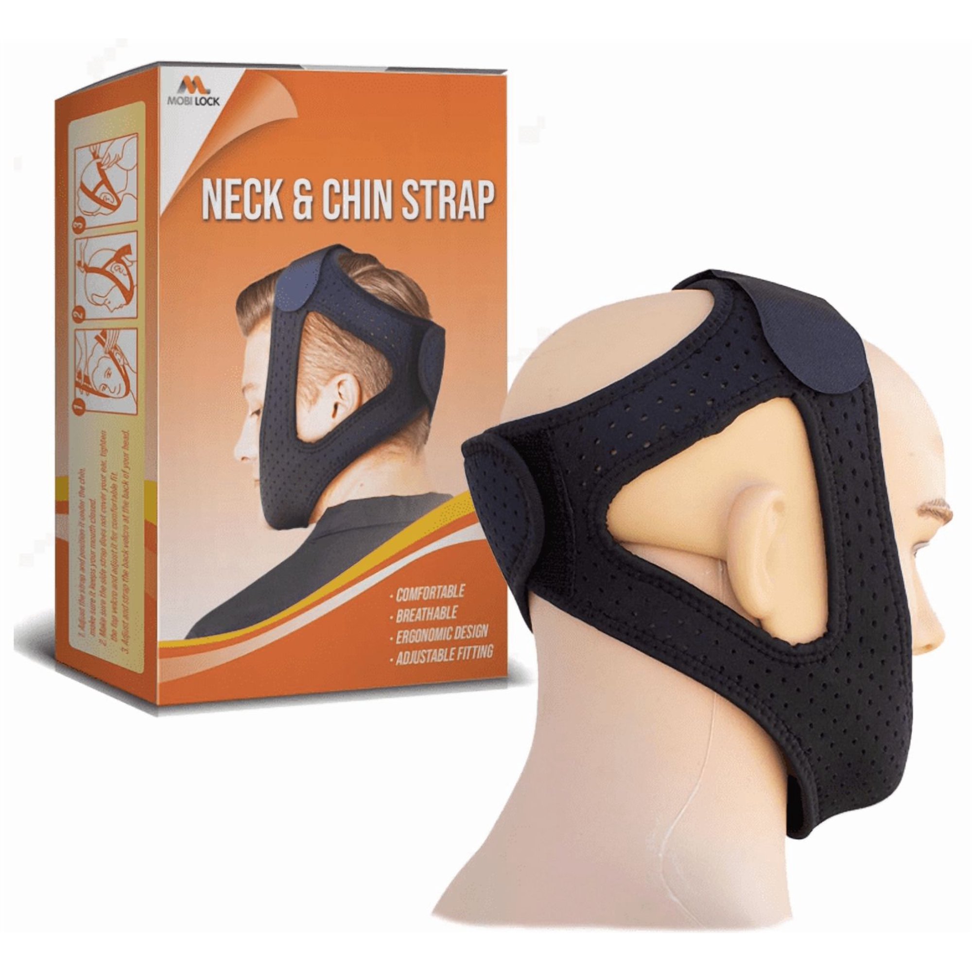 Chin & Neck Strap - Soft & Breathable Neoprene Jaw & Chin Sleep Strap - Sleeping Aids, May Support Snoring Prevention - For Men & Women - Adjustable Hook & Loop Closure - Black - by Mobi Lock