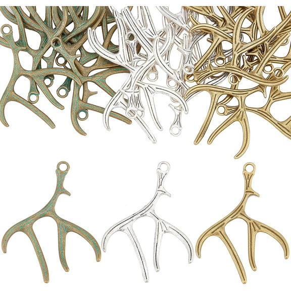 1 Box 24Pcs 3 Colors Christmas Deer Antler Charms Bulk Winter Alloy Elk Pendants Golden Sliver Bronze Antler for Jewelry Making Charms DIY Crafts Keychain Finding Accessories