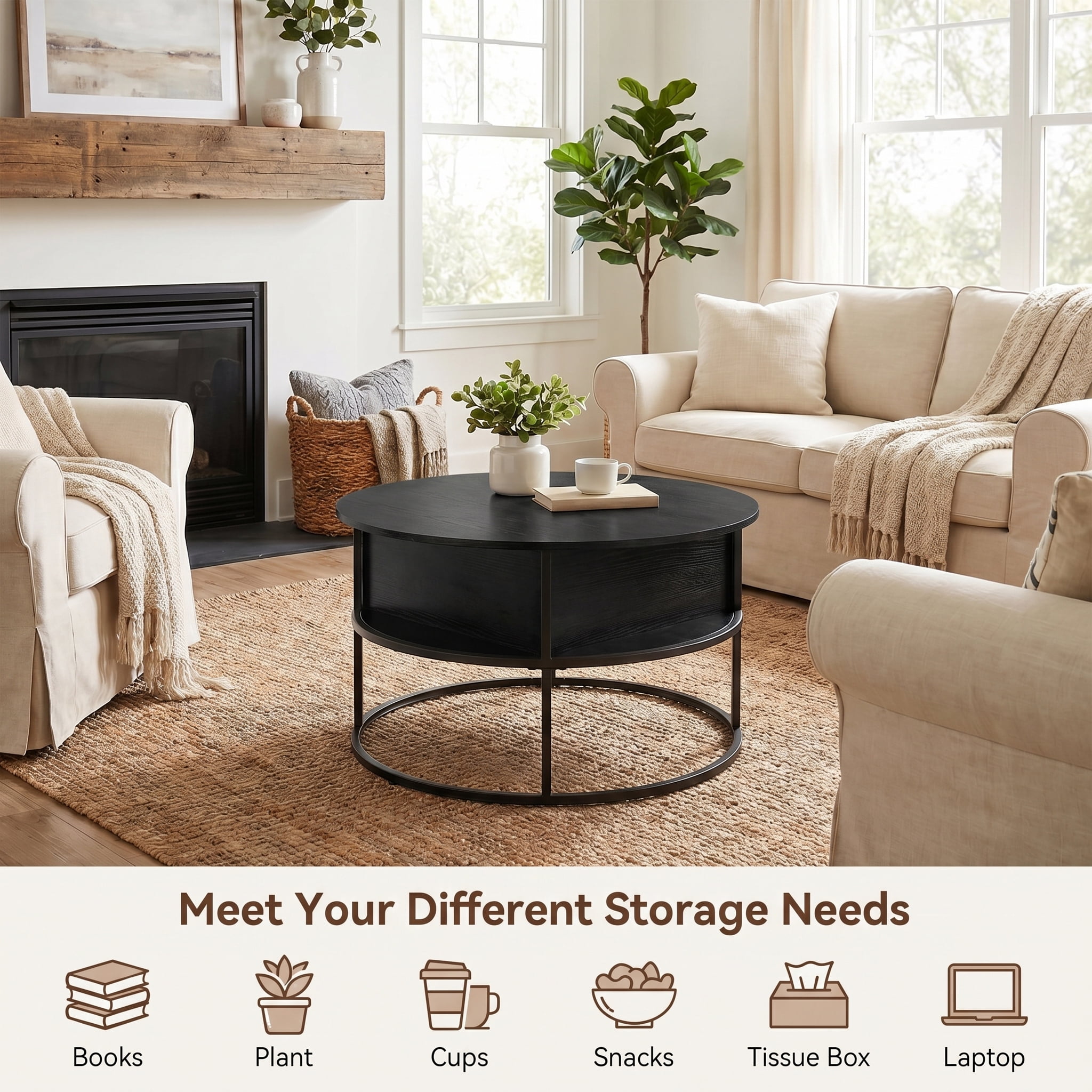 BEAUTYPEAK 32" Round Lift Top Coffee Table with Hidden Storage Circle Living Room Center Table, Black