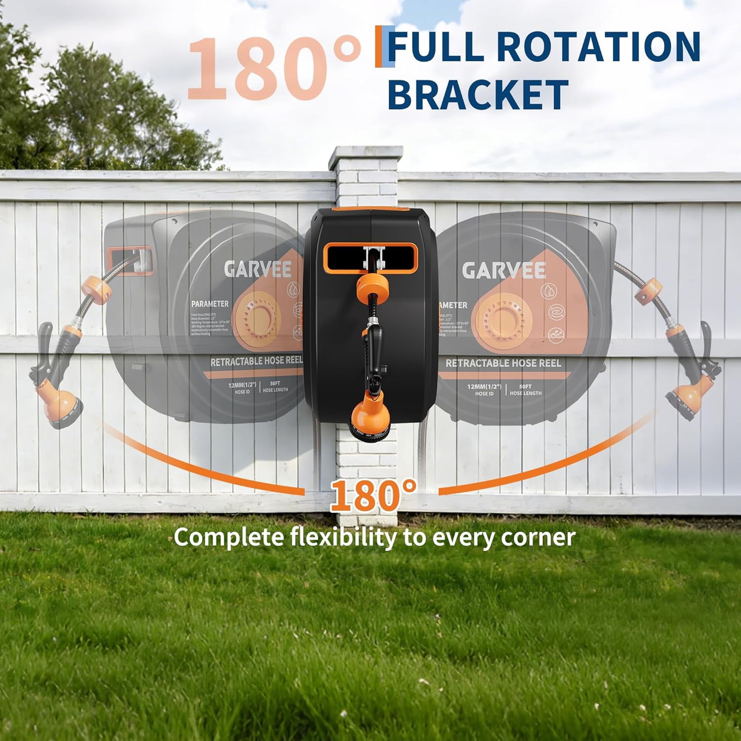 Towallmark Retractable Garden Hose Reel, 1/2" x 100 ft Wall-Mounted Heavy-Duty Hose Reel, 180° Swivel Bracket, Lock at Any Length, Slow-Rewind Return, 10-Pattern Spray Nozzle