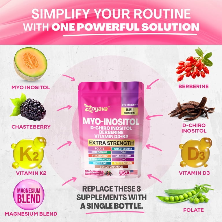 inositol berberine and l-carnitine Myo Inositol Supplement 750mg, Berberine 500mg, D-Chiro Inositol 50mg,  Folate 400mcg, Chromium 100mcg, Ceylon Cinnamon 200mg, Ashwagandha 100mg,  DIM main image 1