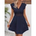 thumbnail image 4 of Blue Hollow Out Lace Trim V-Neck Short Sleeve A-Line Mini Dress, 4 of 6