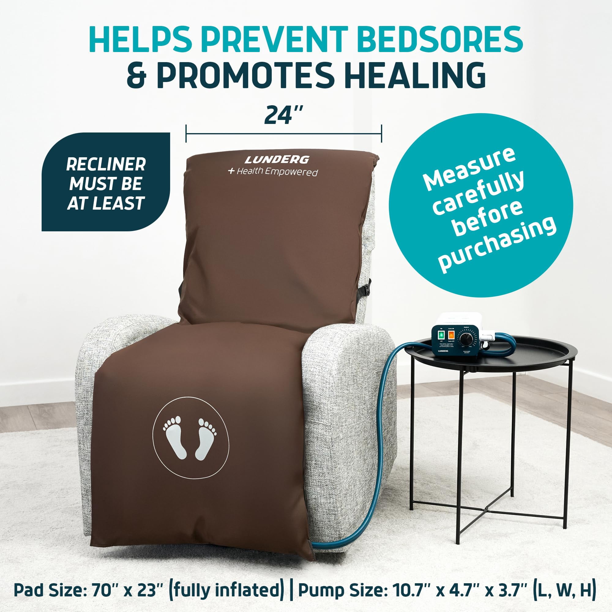 Lunderg Alternating Air Pressure Pad for Recliner Chair - Pressure Relief Cushion Topper for Recliner - Bedsore Prevention - Medical Grade Mattress Pad, Cover & Quiet Pump - Home or Hospital (Coffee)