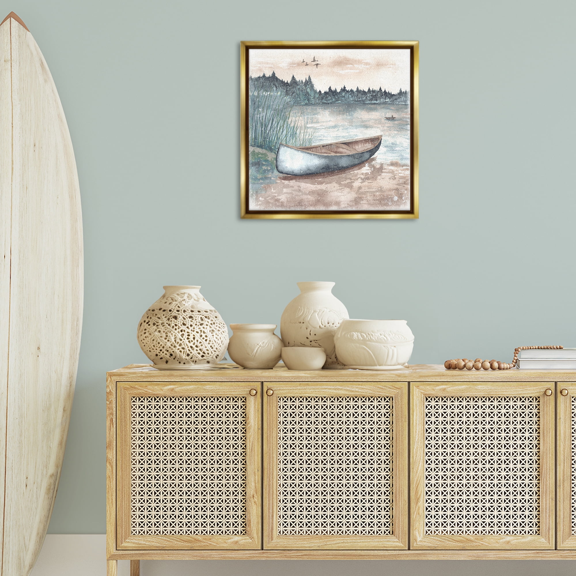 Stupell Industries Canoe on Lake Shore Landscape Painting Gold Floater Framed Canvas Art Print Wall Art, 25 x 25