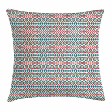 Dark Coral Lined Crystal Ikat Throw Pillow Cushion Cover, Ethnic Ikat Pattern with Geometric Shapes Rhombus Squares and Lines Artful, Decorative Square Accent Pillow Case, 18 X 18 Inches, Dark Coral Cream Teal, by Ambesonne ()