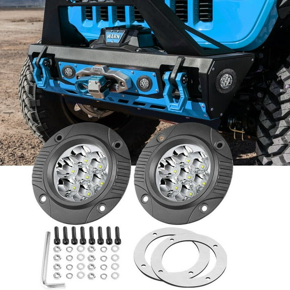 2X 4in Flush Mount Round LED Work Driving Fog Light Pods 6000K White Spot Beam Bumper 4WD Offroad