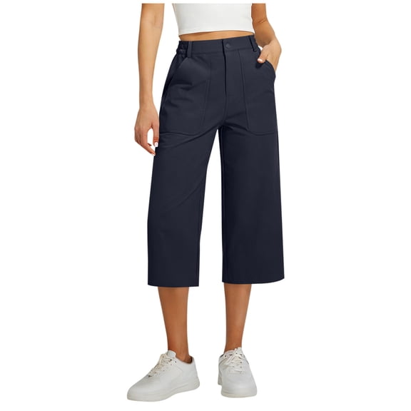 Stamzod Capri Pants for Women Straight Wide Leg Casual Dress Capris Summer Cropped Work Pants with Pockets Navy XXL