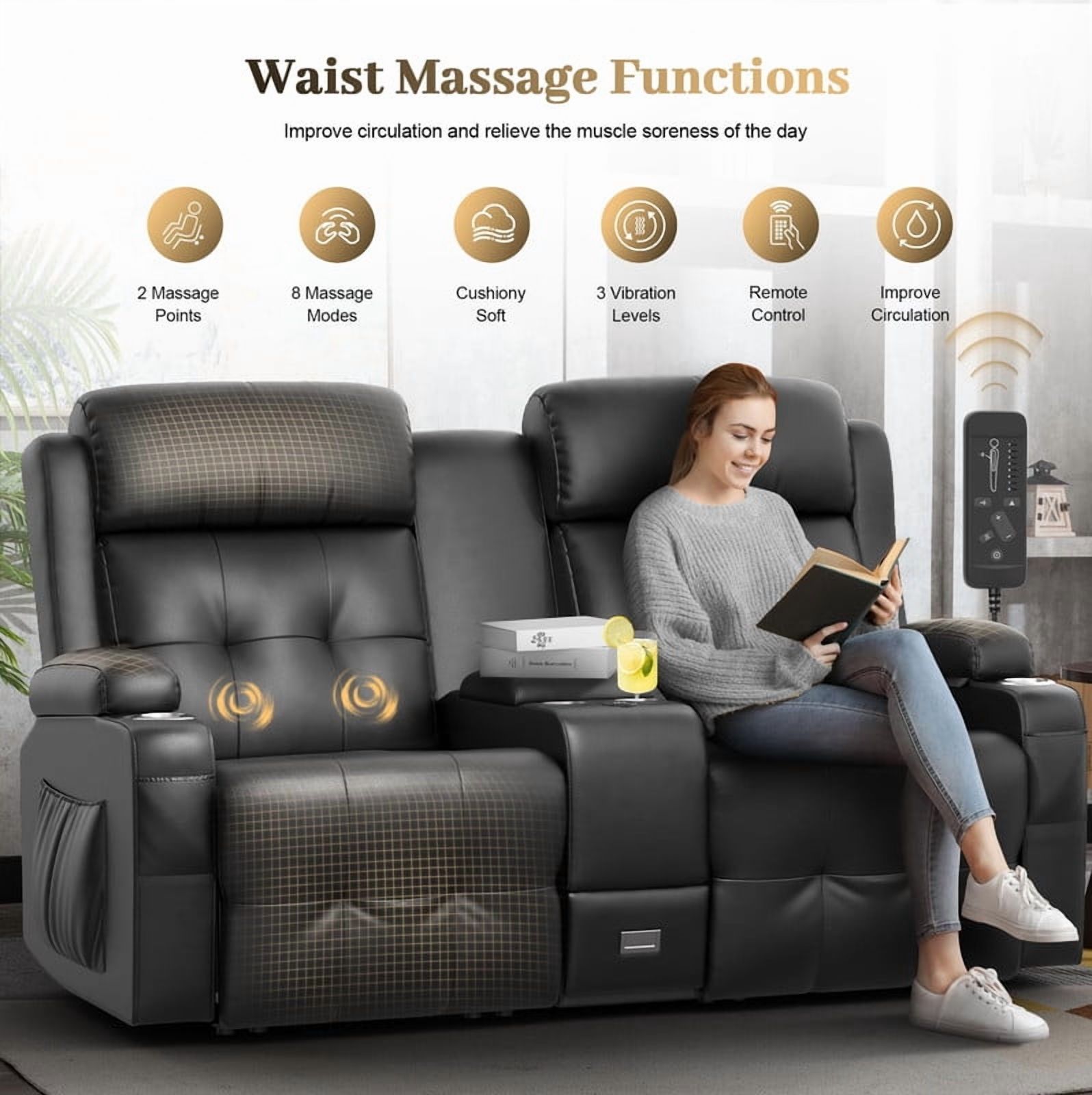 LOBERFVE Recliner Sofa Sets, Massage Reclining Loveseat Sofa, 2 Single Power Recliner Chairs Heat Massage, RV Love Seat Couch with Console, USB, Type C Port for Living Room