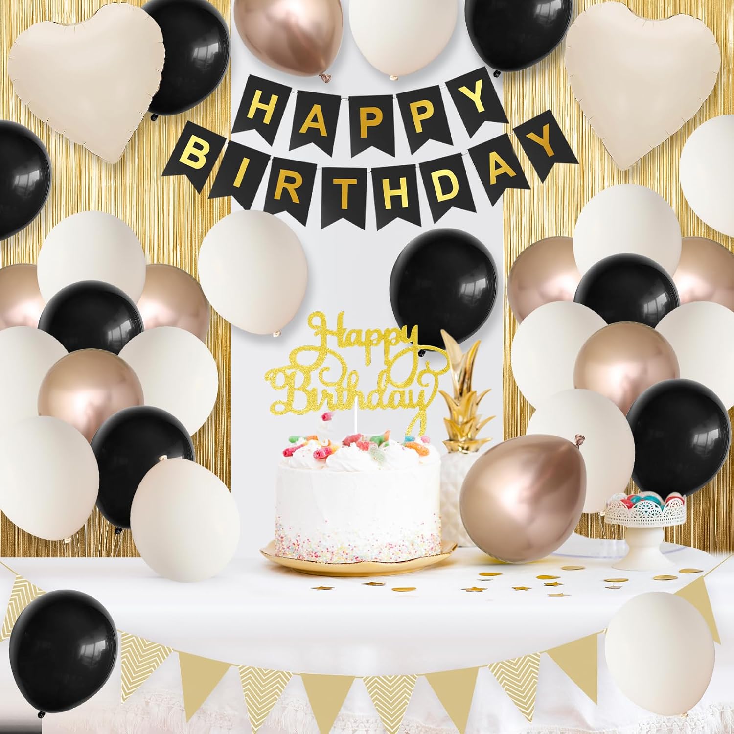 Black Gold Birthday Decorations,Party Decorations with Sand White Champagne Gold Balloon Heart Balloons Happy Birthday Banner Fringe Curtain for Women Men  Baby Shower Birthday Party Decor