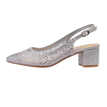 

XYD Women Bling Rhinestone Mesh Slingback Pumps Chunky Low Heels Pointed Toe Slip On Buckle Strap Bridal Shoes Size 16 Silver