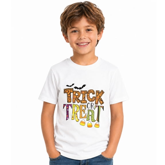 Trick or Treat Halloween Lettering Halloween Graphic T-Shirt for Boys, Cute Seasonal Short Sleeve Shirt for Everyday Wear