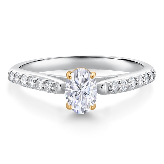 Gem Stone King 925 Sterling Silver and 10K Yellow Gold White Moissanite and White Lab Grown Diamond Engagement Ring for Women (0.68 Cttw, Oval 6X4MM, Gemstone Birthstone, Size 6)