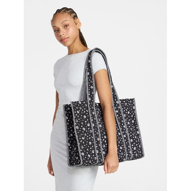 No Boundaries Women's Quilted Tote Bag, Black Ditsy/Stripe