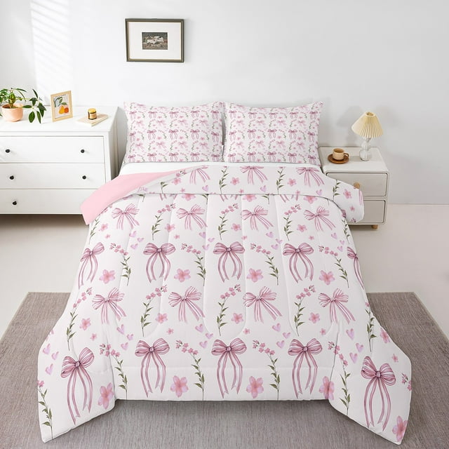 Erosebridal Ensembles de Couette Rose avec Nœud Papillon Taille Grand, Literie de Jardin Printanier Ensemble de Couette Grand, Décoration de Princesse Rêveuse, Réversible, Respirant, 3 Pcs