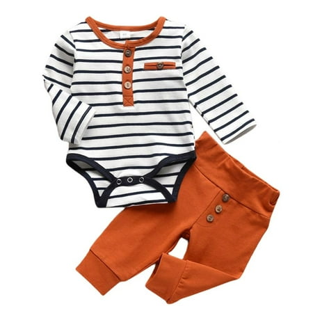

Elaydool Infant Baby Boys Casual Clothing Simple Long Sleeves Round Collar Striped Print Bodysuit + Trousers Sets Autumn Clothes