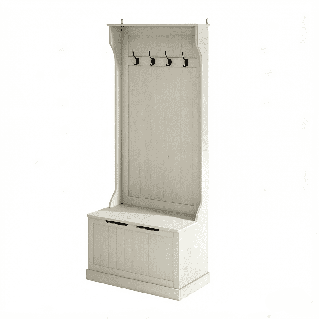 Multi-Functional Hall Tree Bench, MDF Entryway Coat Rack with 4 Double Steel Hooks & Hinged Storage Shoe Bench, Anti-Tip Mudroom Organizer