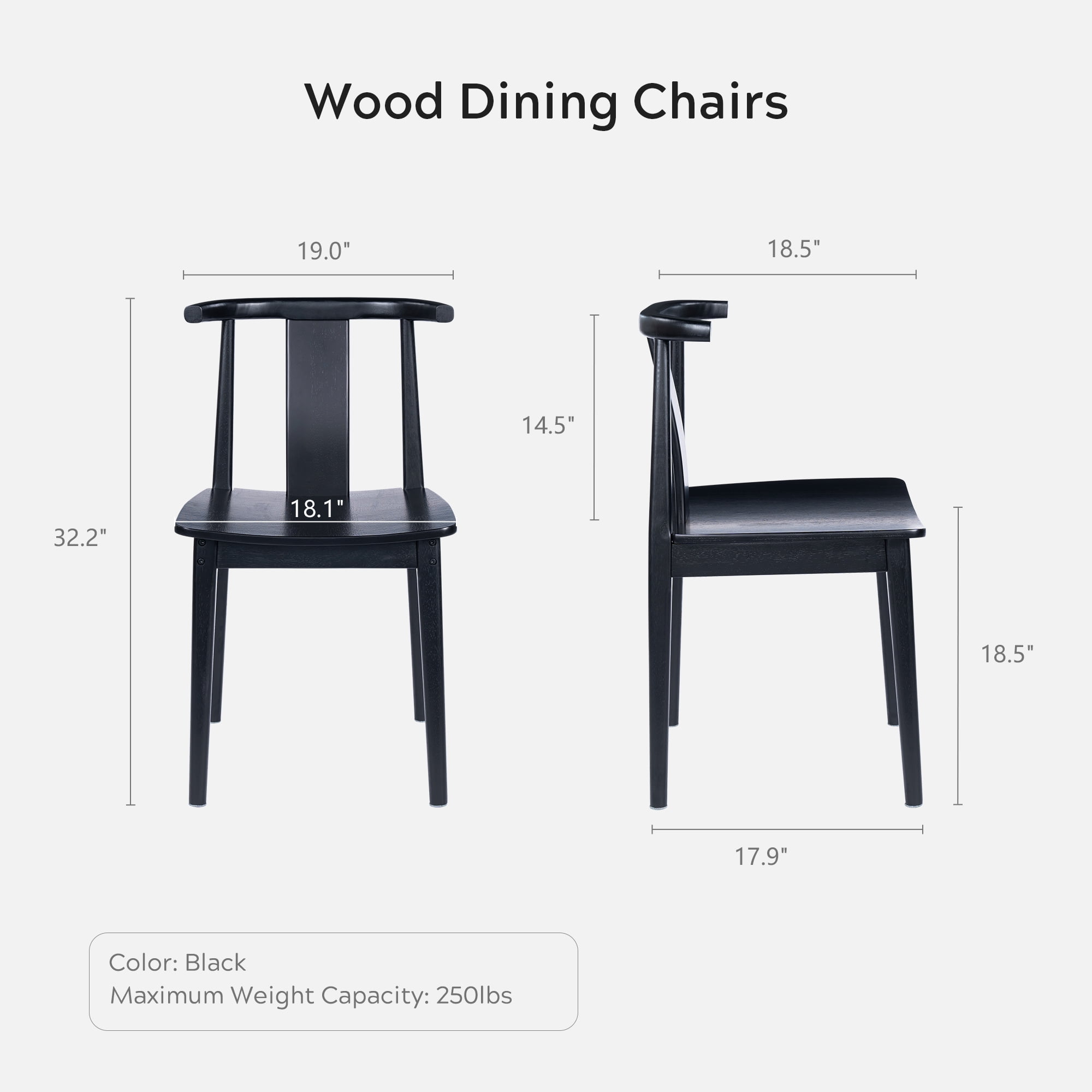 EYYTHUNG Wood Dining Chairs Set of 2, Farmhouse Kitchen Chairs with Curved Back Mid Century Wishbone Dining Chairs, Black