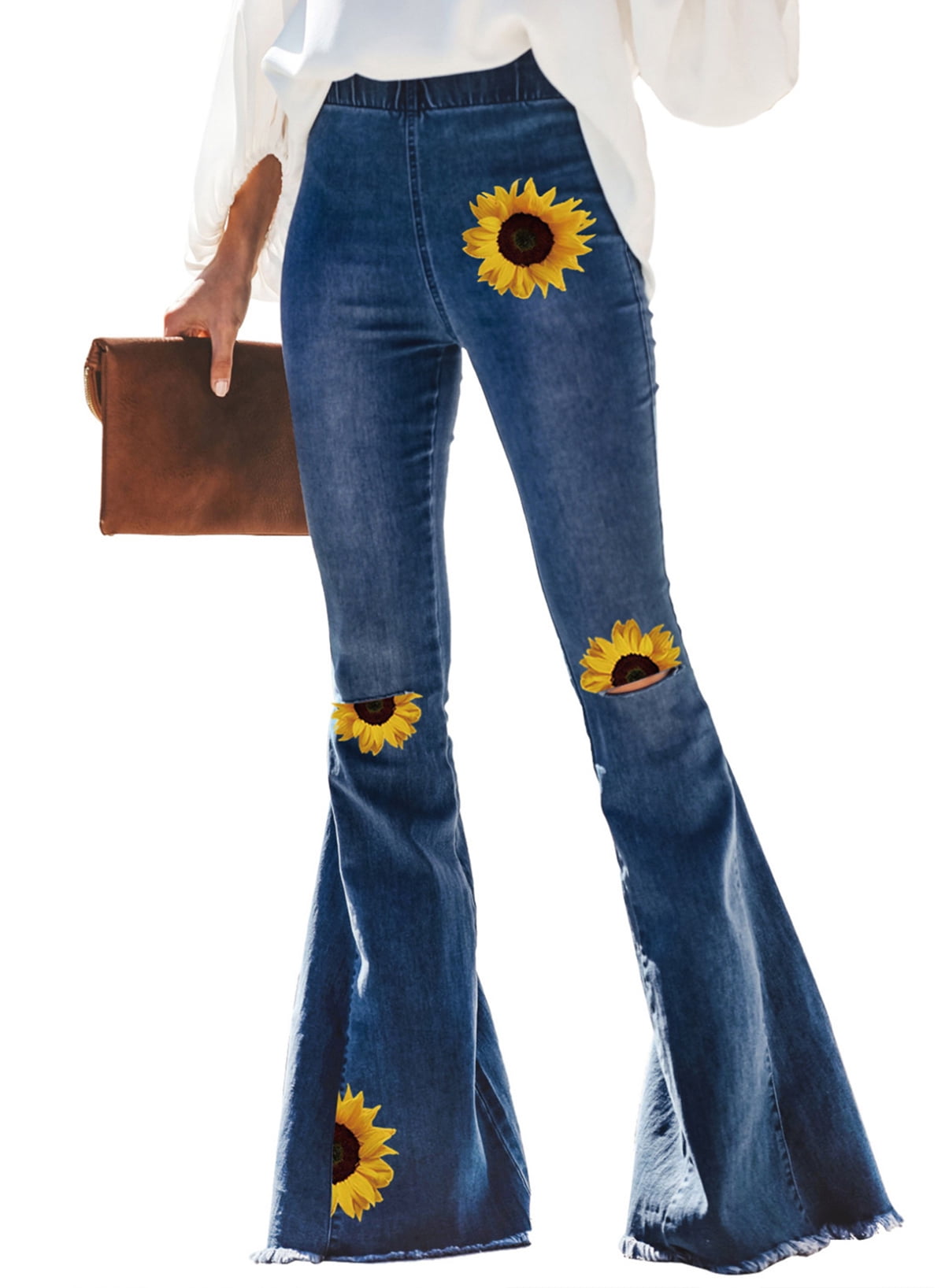 HOTAPEI Womens Destroyed Sunflower Print Flare Jeans Elastic Waist Bell