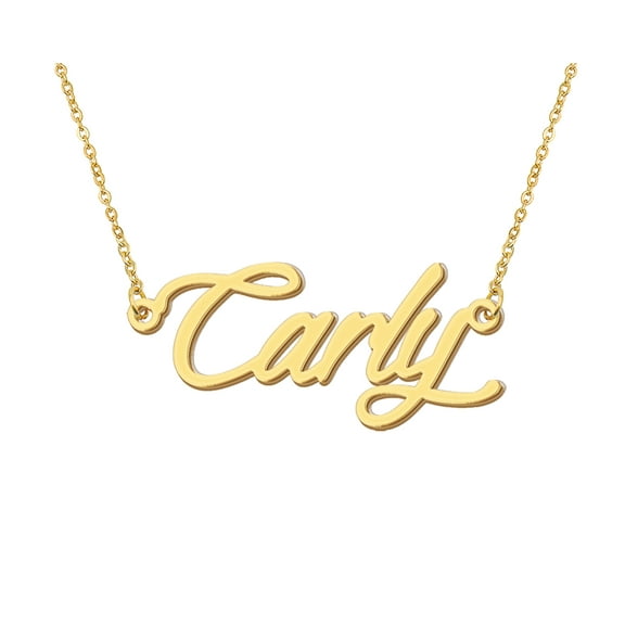 HUAN XUN 18k Gold Plated Carly Name Necklace Stainless Steel Nameplate Necklaces for Womens Mens Mother Day Christmas Jewelry Gift