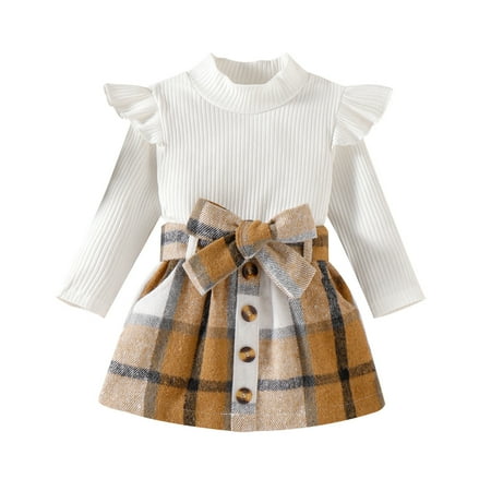 

ZCFZJW Toddler Baby Girls Outfit Spring Trendy Long Sleeve Ribbed Crew Neck Tee Shirt Tops+Plaid Bowknot A-Line Skirt Set 2 Pieces Clothing White#01 9-12 Months