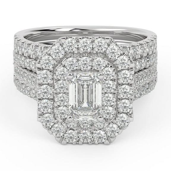 AFFY 3 Row Double Halo Bridal Set Ring for Women, 2.10 Carat (ctw) Emerald Cut Lab Grown Diamond Engagement Wedding Ring In 14K White Gold Over Sterling Silver F-G-H, SI Quality Ring Size-4