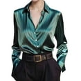 thumbnail image 4 of Breezora Elegant Satin Blouse For Women Long Sleeve Cowl Neck Work Shirt With Vintage Stripe Design Chic Office Top S Size Green, 4 of 7