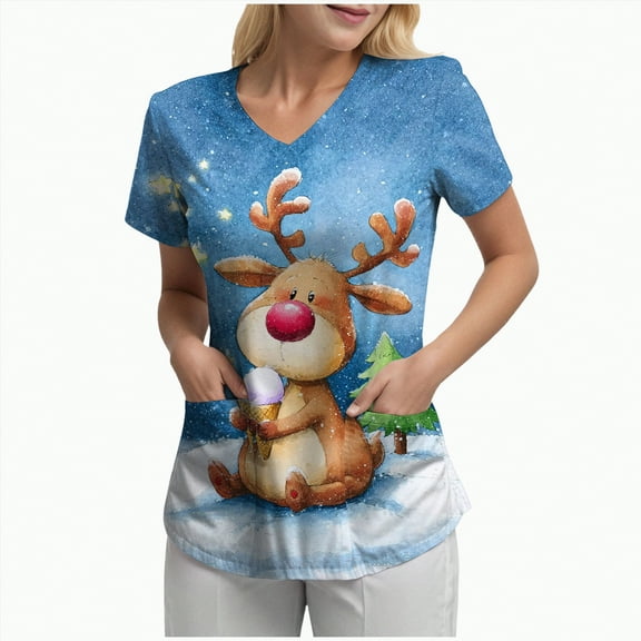 Towmus Christmas Scrub Tops Women Plus Size Scrub Shirt Nurse Uniforms Xmas Print V-Neck Tunic Tops with Pockets S-3XL