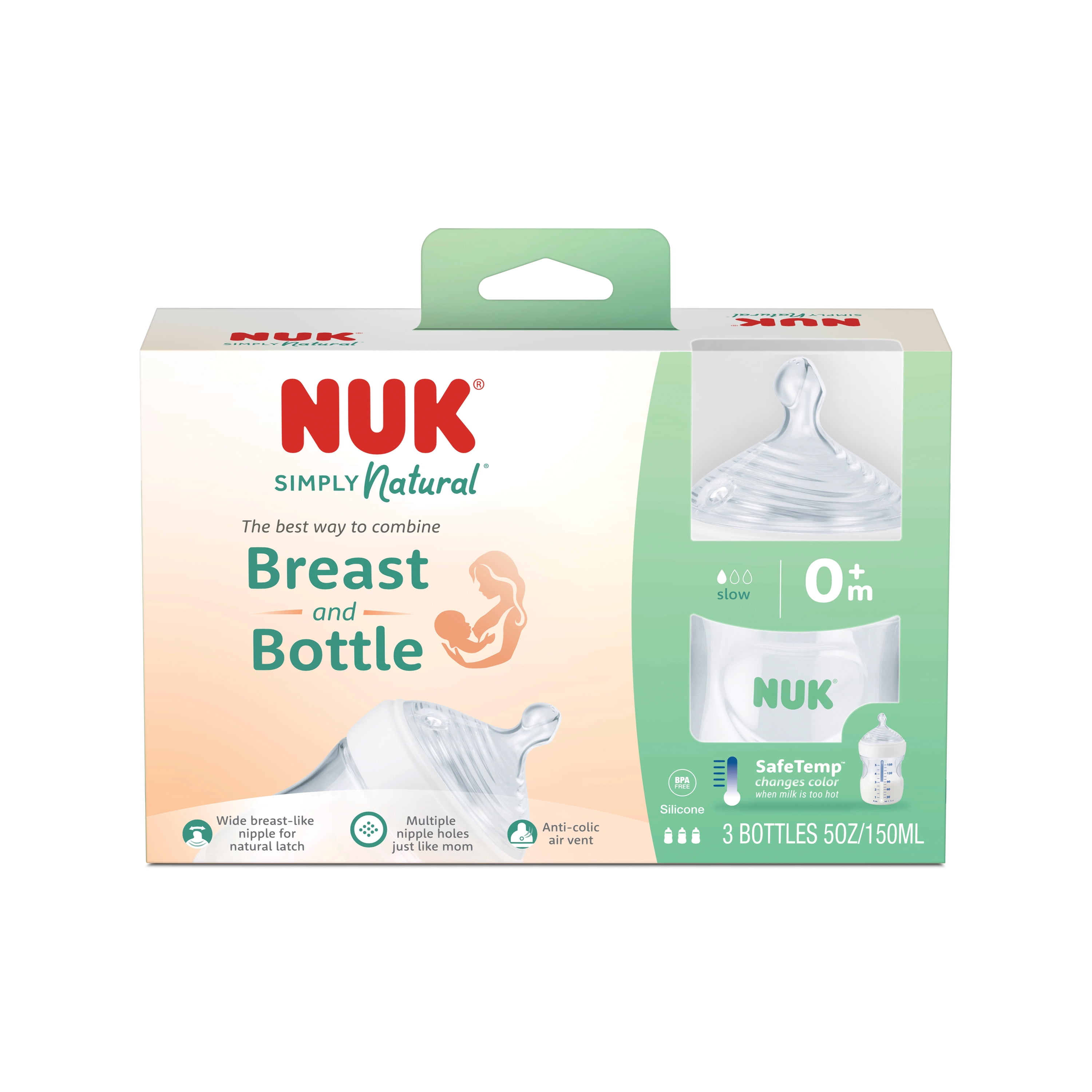 (2 pack) NUK Simply Natural Bottle with SafeTemp, 5 oz, 3 Pack, 0+ Months, Unisex, Clear