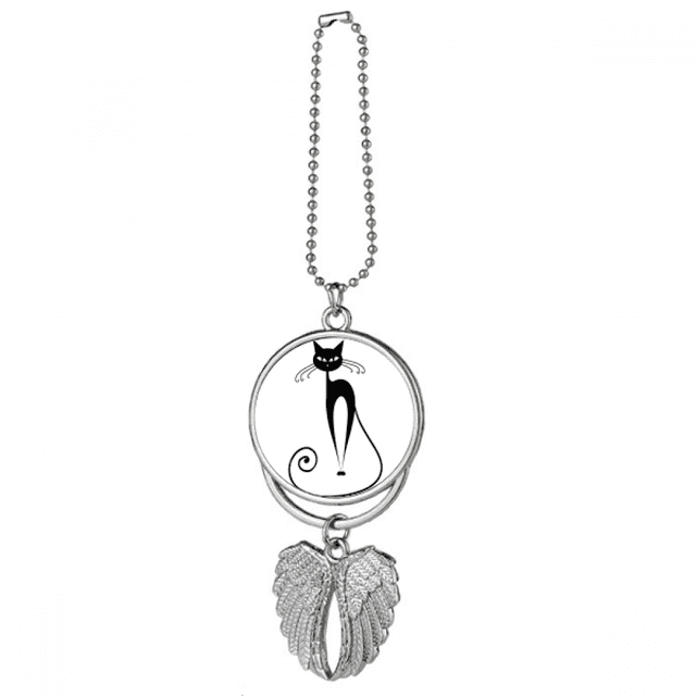 Décoration de Pendentif de Voiture Aile Argentée Contour Animal Chat Noir Longue Queue