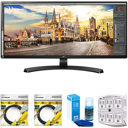 LG 29-Inch UltraWide FHD 2560 x 1080 IPS Monitor (29UM59A-P) with 2x 6ft High Speed HDMI Cable Black, Universal Screen Cleaner for LED TVs Large Bottle & SurgePro 6-Outlet Surge (Best Hdmi Cable For Computer Monitor)