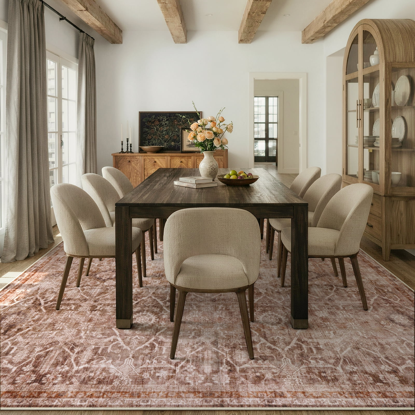 Lahome Extra Large Washable Rug 9x12 Terracotta - Farmhouse Vintage Carpet for Living Room, Dining Space, Bedroom, Office and Classroom, Low Pile Stain Resistant Floor Rug