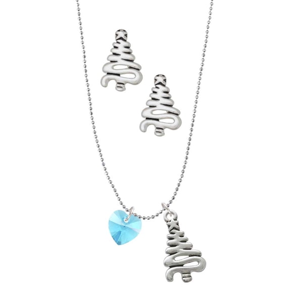 Delight Jewelry Hot Blue Crystal Heart Silver tone Zig Zag Christmas Tree Charm Necklace and Stud Earrings