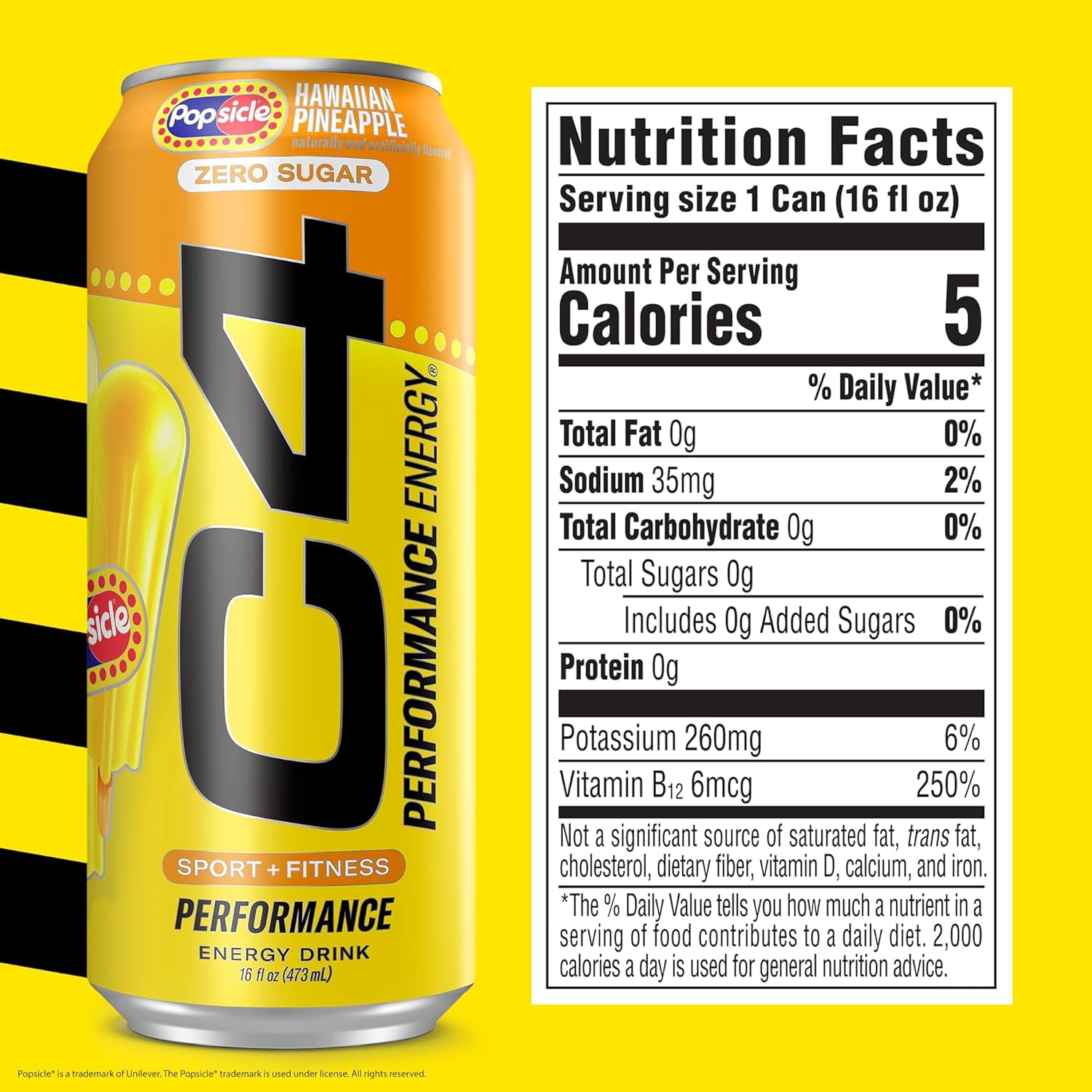 C4 Performance Energy Drink, Hawaiian Pineapple Popsicle Flavor, Zero Sugar, Carbonated, 16 oz can (12 Pack)