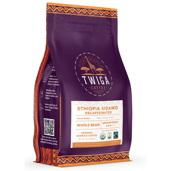 Decaffeinated Ethiopia Sidamo Coffee | USDA Organic | Fairtrade | Medium Roast | Whole Bean | 12 oz | Twiga Coffee