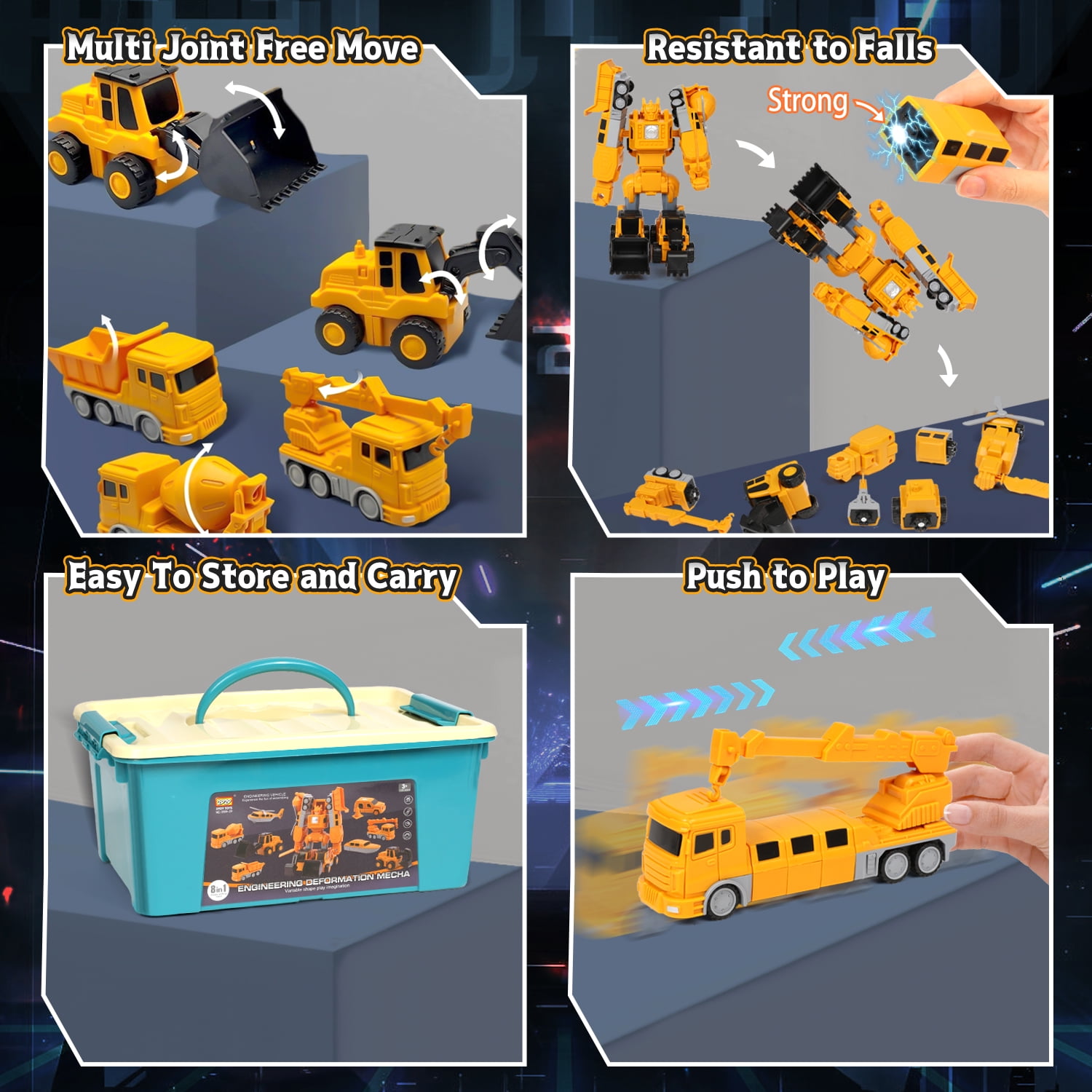 Huge Wave 8-In-1 Construction Vehicles Boys Toys Set, 12+ inch Magnetic Transform Robot Truck Set, DIY Toys with Connectors, Robot STEM Building Kids Christmas Gifts for 3-8 Year Old