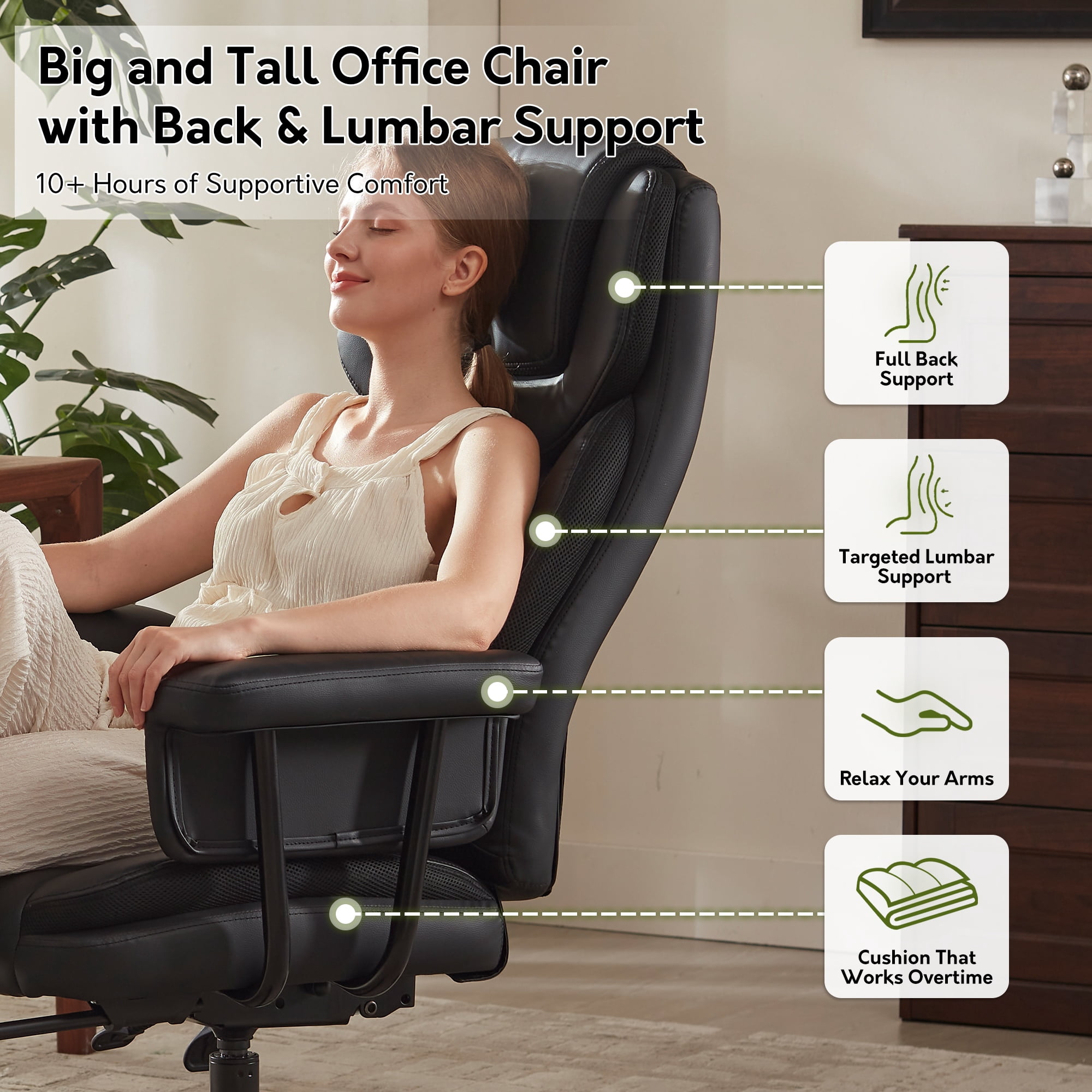 HomeZeer Big and Tall Executive Office Chair 400LBS, 160°Reclining with Retractable Footrest, PU Leather Desk Chair with Padded Arms, Adjustable Height with Quiet Roller Wheels, Black