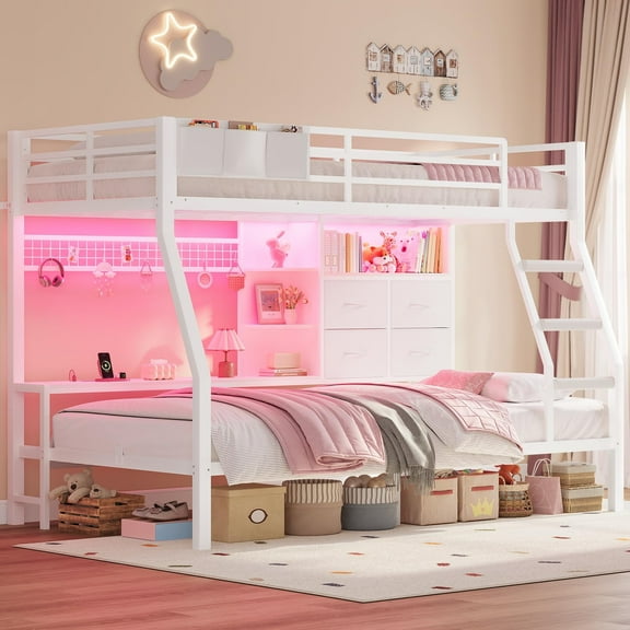 Afuhokles Bunk Bed Twin Over Twin with 4 Storage Drawers and Shelves, Charging Station, Metal Loft Bed with LED Light, White